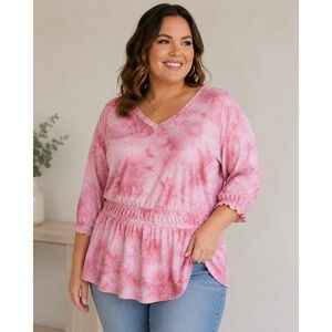 519. Lane Bryant Pink Tie Dye Ribbed Peplum Top V-Neck 3/4 Sleeve Size 22/24